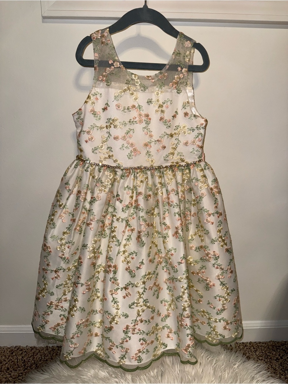 Girls' Ivory Floral Party Dress with Gold Accents